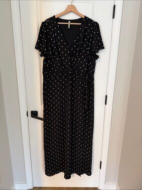 Black Polka Dot Maxi Wrap Dress with Short Flutter Sleeves